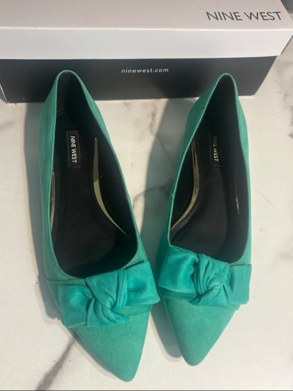 Nine West Women's Turquoise Green Suede Bow Flats Shoes 8.5 NWT Box